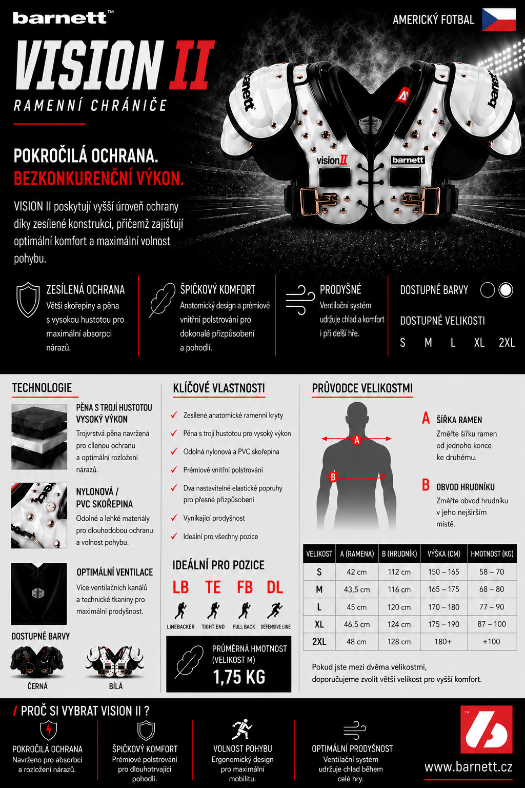 VISION II Chránič ramen na americký fotbal, RB-DB-TE-FB-HB