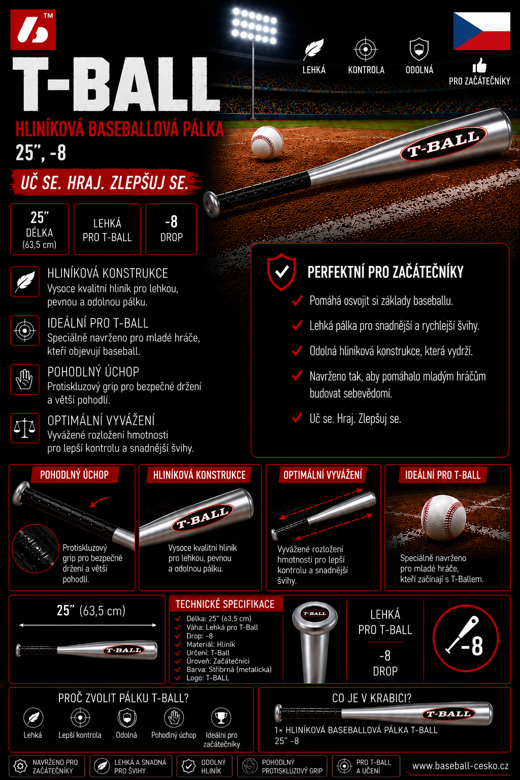 T-BALL Hliníková baseballová pálka, vel. 25 (71,12 cm), stříbrná