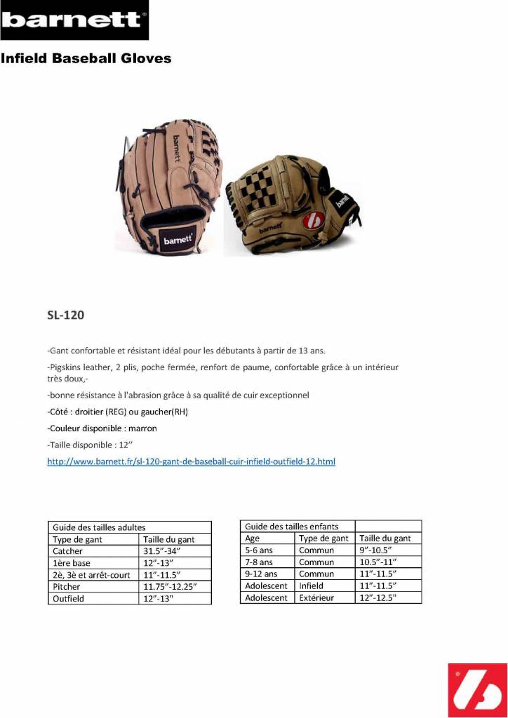 SL-120 gant de baseball cuir infield/outfield 12, Marron