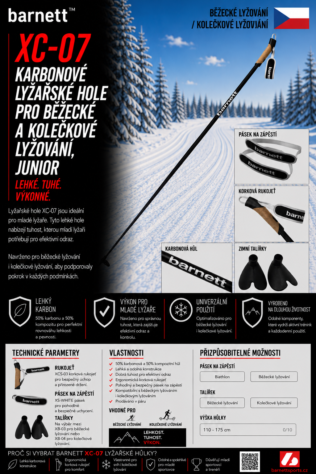 XC-07 Karbónové palice na bežecké lyžovanie a kolieskové lyže, junior