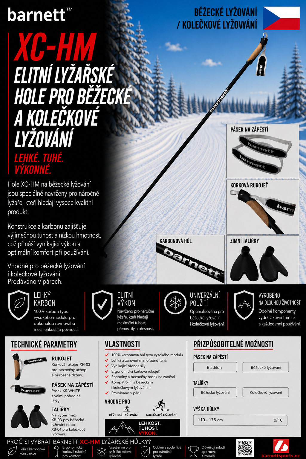 XC-HM profesionálne karbónové palice pre bežecké lyžovanie a kolieskové lyže