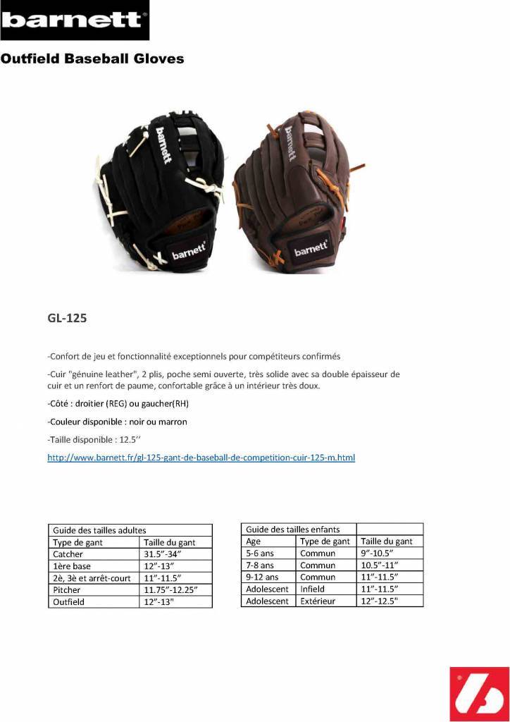 GL-125 Soutěžní kožená baseballová rukavice, outfield 12.5, černá