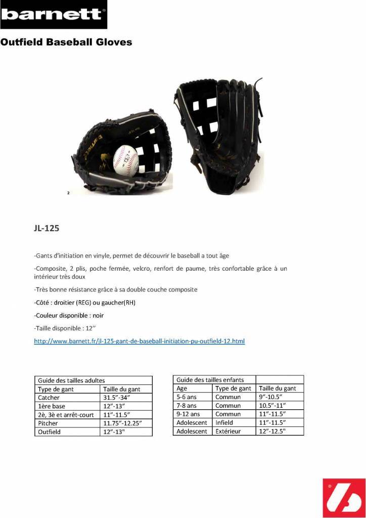 JL-125 Baseballová rukavice pro začátečníky, vinyl, outfield, vel. 12,5, černá
