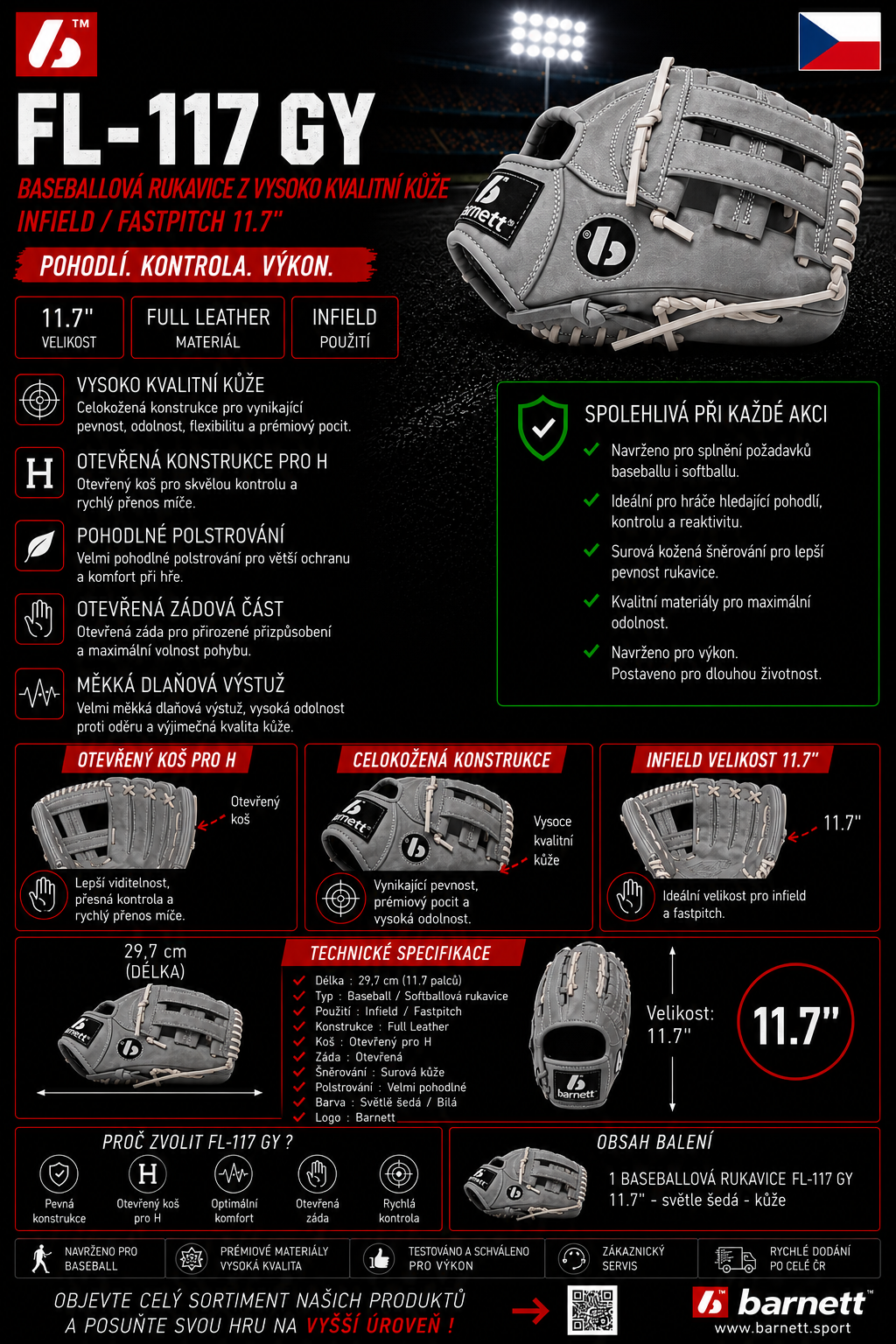 FL-117 Baseballové a softballové rukavice, kůže, infield/fastpitch 11,7", šedá