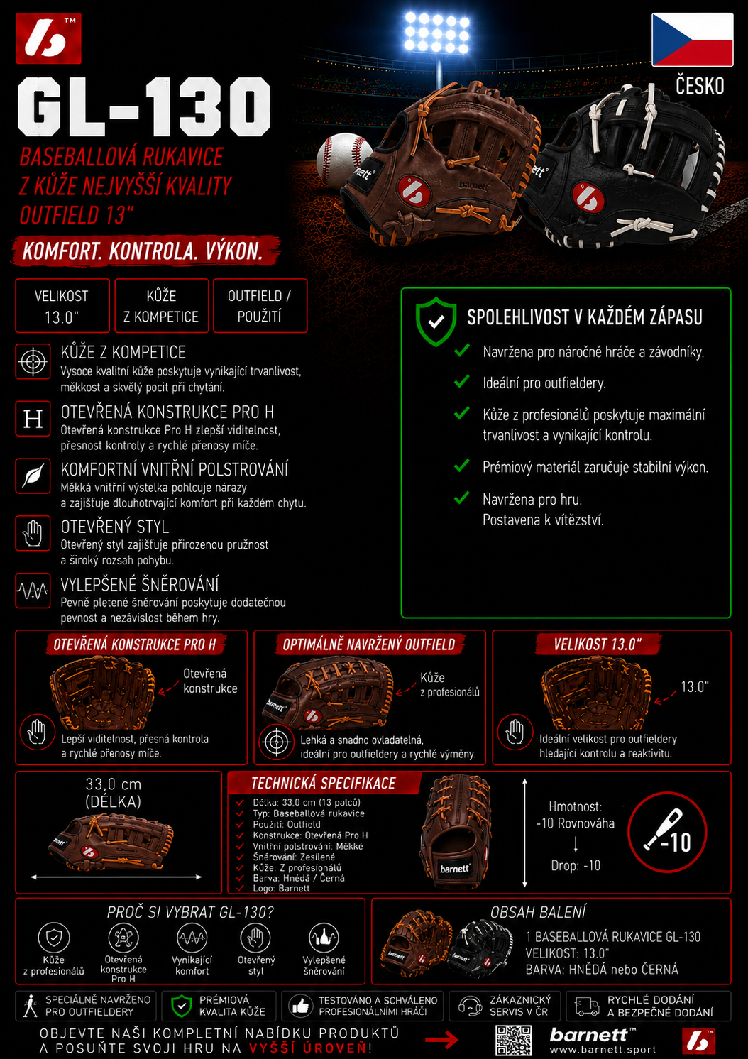 Gl-130 baseballové rukavice, soutěž, outfield 13, hnědá