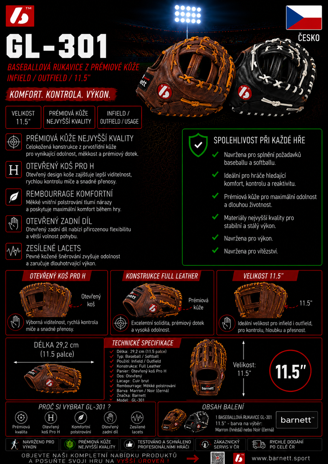 Gl-301 kožená baseballová rukavice, 1st base, hnědá